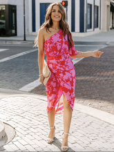 Summer Dress Oblique Shoulder Floral Print Pattern Backless Rose Red Beach Maxi Dress